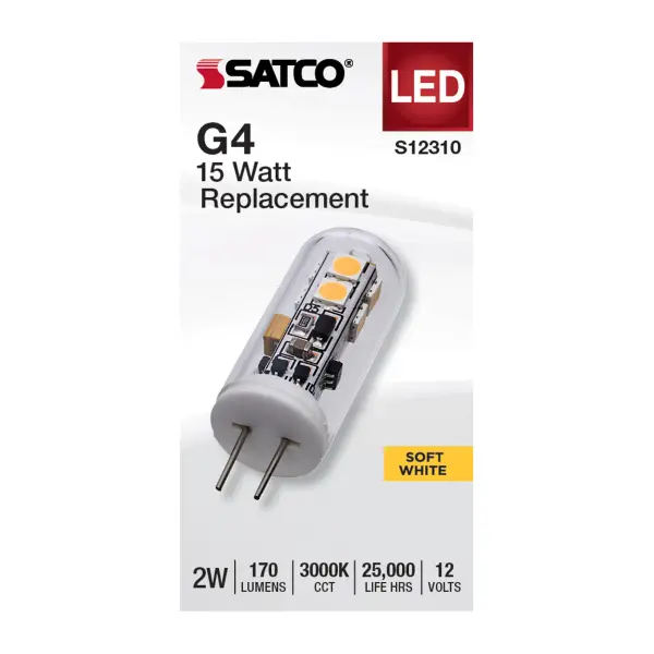 Illuminate your surroundings while maximizing energy efficiency and cost-effectiveness with SATCO NUVO's G4 and GY6.35 Halogen replacement lamps. Available in an array of shapes, bases, and finishes, these lamps are equipped with LED technology, ensuring substantial long-term savings. Engineered for low voltage operation and featuring 300-degree omni-directional lighting, these lamps are versatile for a multitude of applications, including accent lighting, chandeliers, landscape illumination, and displays. Choose between 3000K or 5000K CCT options to customize the lighting to your exact preferences. - alternate view