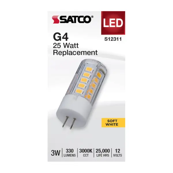 Illuminate your surroundings while maximizing energy efficiency and cost-effectiveness with SATCO NUVO's G4 and GY6.35 Halogen replacement lamps. Available in an array of shapes, bases, and finishes, these lamps are equipped with LED technology, ensuring substantial long-term savings. Engineered for low voltage operation and featuring 300-degree omni-directional lighting, these lamps are versatile for a multitude of applications, including accent lighting, chandeliers, landscape illumination, and displays. Choose between 3000K or 5000K CCT options to customize the lighting to your exact preferences. - alternate view
