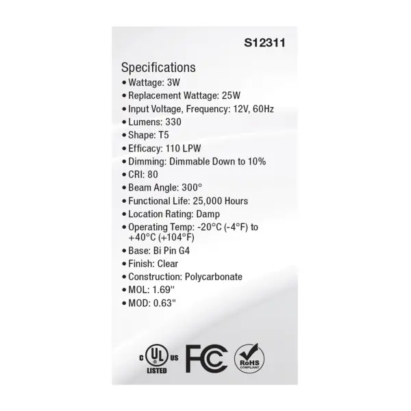 3 Watt T5 LED - Clear Finish - Bi Pin G4 Base - 3000K - 12 Volt - Image 5