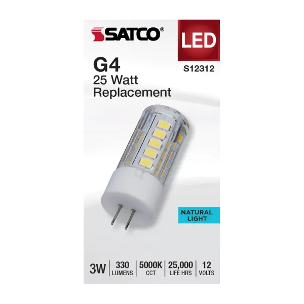 Illuminate your surroundings while maximizing energy efficiency and cost-effectiveness with SATCO NUVO's G4 and GY6.35 Halogen replacement lamps. Available in an array of shapes, bases, and finishes, these lamps are equipped with LED technology, ensuring substantial long-term savings. Engineered for low voltage operation and featuring 300-degree omni-directional lighting, these lamps are versatile for a multitude of applications, including accent lighting, chandeliers, landscape illumination, and displays. Choose between 3000K or 5000K CCT options to customize the lighting to your exact preferences. - alternate view