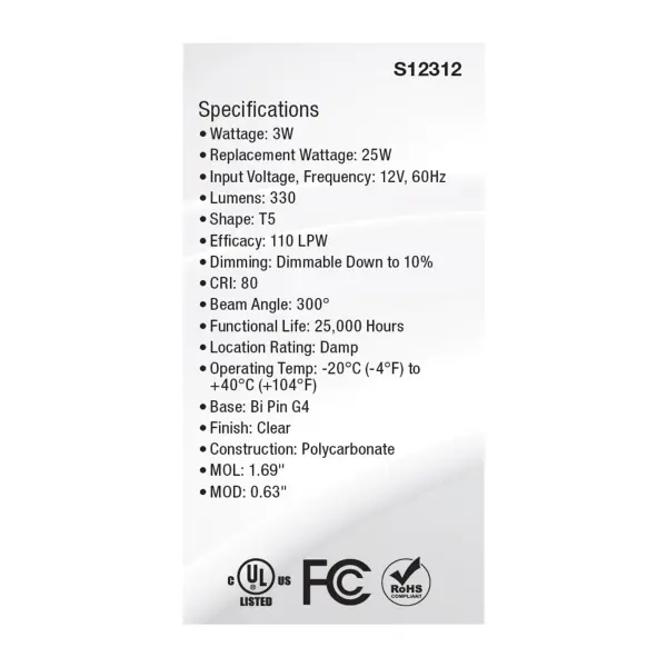 3 Watt T5 LED - Clear Finish - Bi Pin G4 Base - 5000K - 12 Volt - Image 5