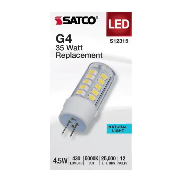 Illuminate your surroundings while maximizing energy efficiency and cost-effectiveness with SATCO NUVO's G4 and GY6.35 Halogen replacement lamps. Available in an array of shapes, bases, and finishes, these lamps are equipped with LED technology, ensuring substantial long-term savings. Engineered for low voltage operation and featuring 300-degree omni-directional lighting, these lamps are versatile for a multitude of applications, including accent lighting, chandeliers, landscape illumination, and displays. Choose between 3000K or 5000K CCT options to customize the lighting to your exact preferences. - alternate view