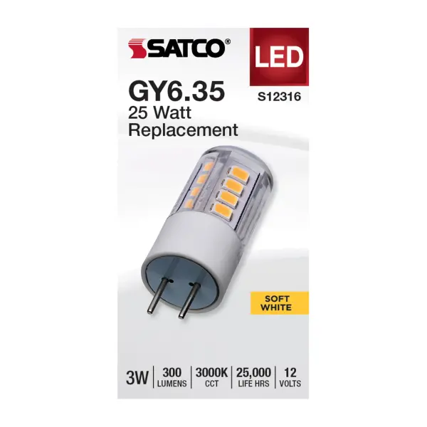 Illuminate your surroundings while maximizing energy efficiency and cost-effectiveness with SATCO NUVO's G4 and GY6.35 Halogen replacement lamps. Available in an array of shapes, bases, and finishes, these lamps are equipped with LED technology, ensuring substantial long-term savings. Engineered for low voltage operation and featuring 300-degree omni-directional lighting, these lamps are versatile for a multitude of applications, including accent lighting, chandeliers, landscape illumination, and displays. Choose between 3000K or 5000K CCT options to customize the lighting to your exact preferences. - alternate view