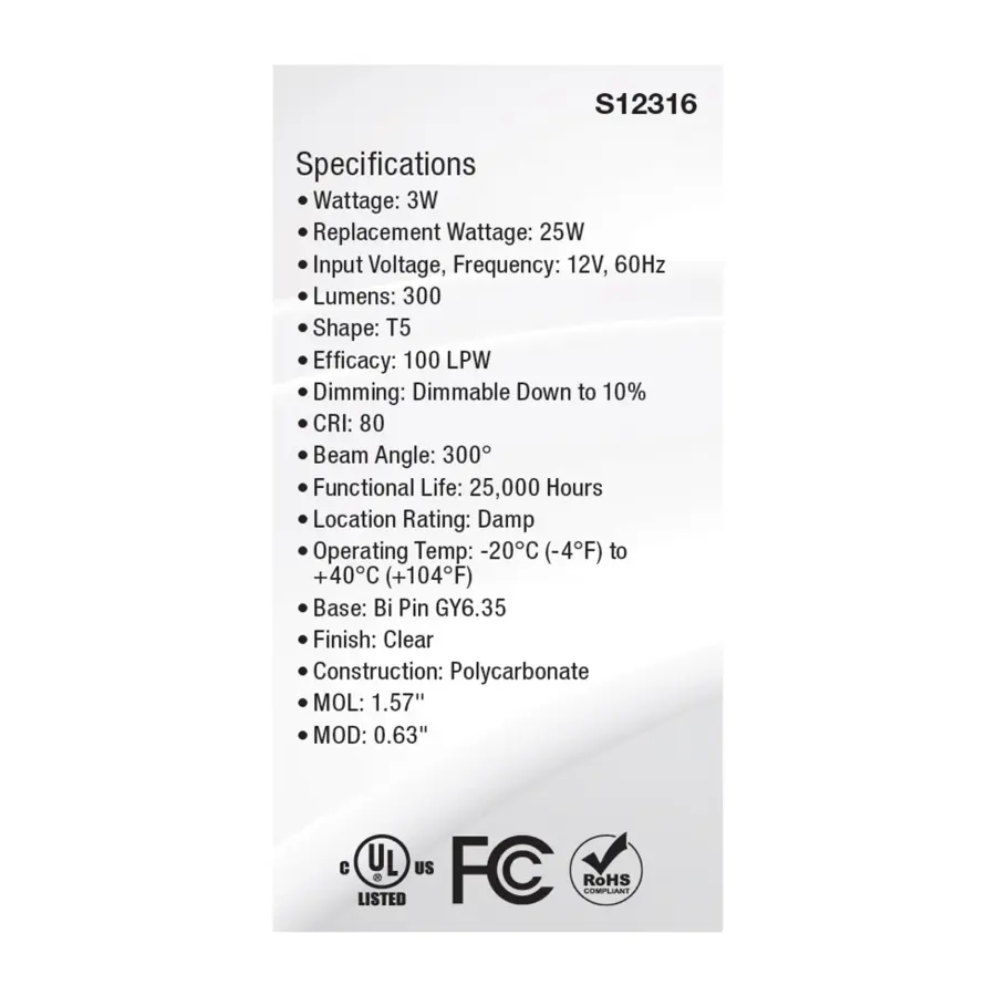 3 Watt T5 LED - Clear Finish - GY6.35 Base - 3000K - 12 Volt - Image 5