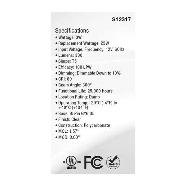 3 Watt T5 LED - Clear Finish - GY6.35 Base - 5000K - 12 Volt - Image 5