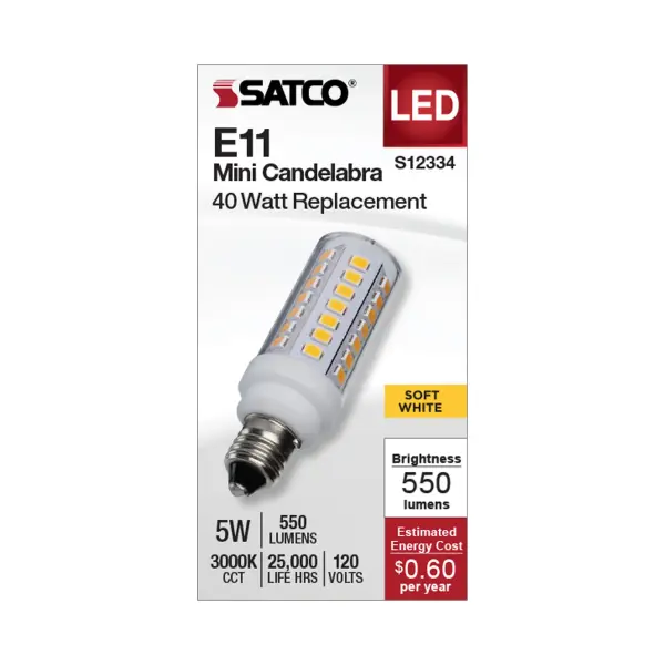 Brighten up your space with SATCO NUVO's E11 Mini Can and E12 Candelabra base Halogen replacement bulbs. Designed to be efficient, durable, and budget-friendly, these bulbs are ideal for a range of indoor and outdoor applications, such as chandeliers, track lighting, landscapes, pendants, and more. These bulbs offer adaptable lighting, tailored to your preferences with their 300-degree omni-directional light distribution and dimming capabilities. Choose from 3000K or 5000K CCT options to customize the lighting precisely to your liking. - alternate view