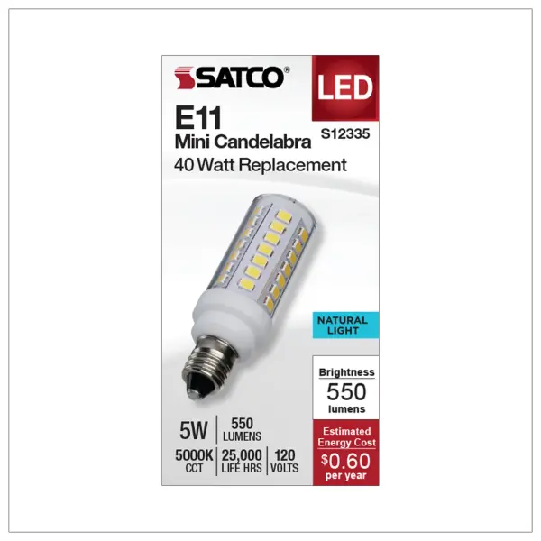Brighten up your space with SATCO NUVO's E11 Mini Can and E12 Candelabra base Halogen replacement bulbs. Designed to be efficient, durable, and budget-friendly, these bulbs are ideal for a range of indoor and outdoor applications, such as chandeliers, track lighting, landscapes, pendants, and more. These bulbs offer adaptable lighting, tailored to your preferences with their 300-degree omni-directional light distribution and dimming capabilities. Choose from 3000K or 5000K CCT options to customize the lighting precisely to your liking. - alternate view