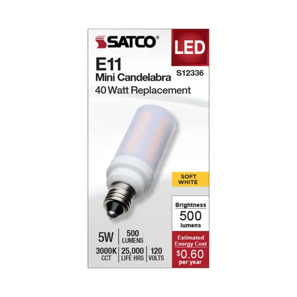 Brighten up your space with SATCO NUVO's E11 Mini Can and E12 Candelabra base Halogen replacement bulbs. Designed to be efficient, durable, and budget-friendly, these bulbs are ideal for a range of indoor and outdoor applications, such as chandeliers, track lighting, landscapes, pendants, and more. These bulbs offer adaptable lighting, tailored to your preferences with their 300-degree omni-directional light distribution and dimming capabilities. Choose from 3000K or 5000K CCT options to customize the lighting precisely to your liking. - alternate view