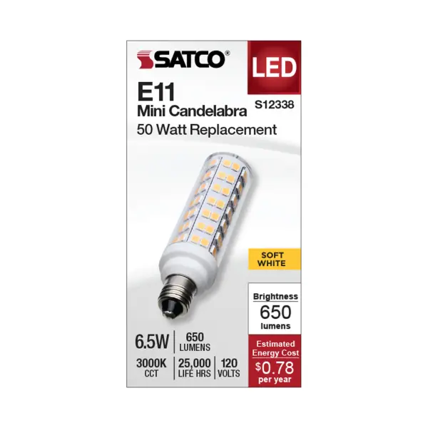 Brighten up your space with SATCO NUVO's E11 Mini Can and E12 Candelabra base Halogen replacement bulbs. Designed to be efficient, durable, and budget-friendly, these bulbs are ideal for a range of indoor and outdoor applications, such as chandeliers, track lighting, landscapes, pendants, and more. These bulbs offer adaptable lighting, tailored to your preferences with their 300-degree omni-directional light distribution and dimming capabilities. Choose from 3000K or 5000K CCT options to customize the lighting precisely to your liking. - alternate view