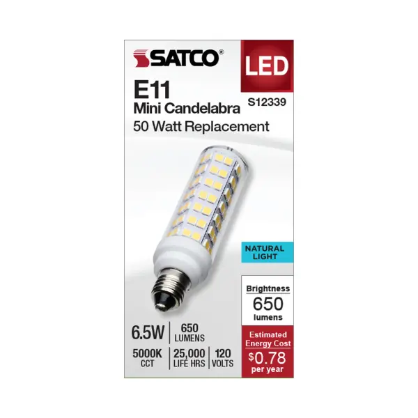 Brighten up your space with SATCO NUVO's E11 Mini Can and E12 Candelabra base Halogen replacement bulbs. Designed to be efficient, durable, and budget-friendly, these bulbs are ideal for a range of indoor and outdoor applications, such as chandeliers, track lighting, landscapes, pendants, and more. These bulbs offer adaptable lighting, tailored to your preferences with their 300-degree omni-directional light distribution and dimming capabilities. Choose from 3000K or 5000K CCT options to customize the lighting precisely to your liking. - alternate view