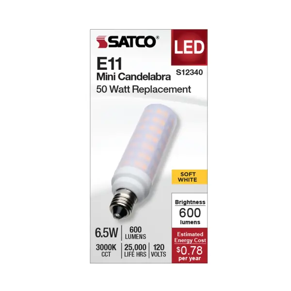 Brighten up your space with SATCO NUVO's E11 Mini Can and E12 Candelabra base Halogen replacement bulbs. Designed to be efficient, durable, and budget-friendly, these bulbs are ideal for a range of indoor and outdoor applications, such as chandeliers, track lighting, landscapes, pendants, and more. These bulbs offer adaptable lighting, tailored to your preferences with their 300-degree omni-directional light distribution and dimming capabilities. Choose from 3000K or 5000K CCT options to customize the lighting precisely to your liking. - alternate view