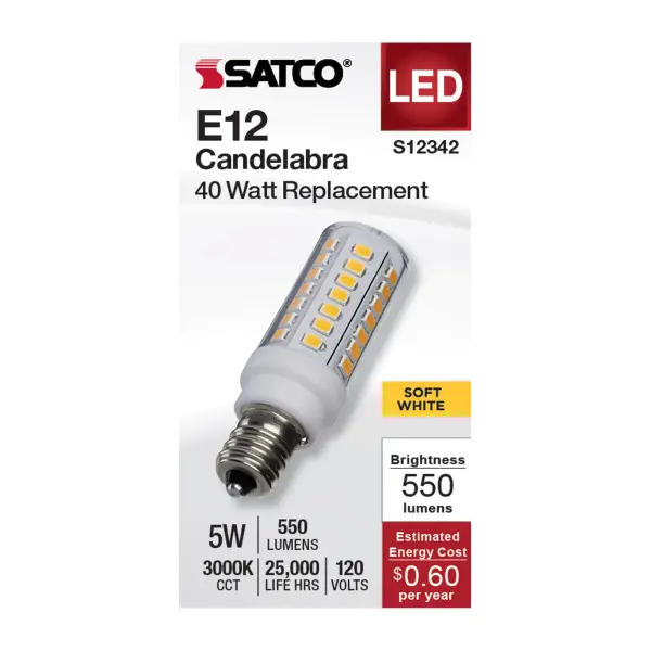 Brighten up your space with SATCO NUVO's E11 Mini Can and E12 Candelabra base Halogen replacement bulbs. Designed to be efficient, durable, and budget-friendly, these bulbs are ideal for a range of indoor and outdoor applications, such as chandeliers, track lighting, landscapes, pendants, and more. These bulbs offer adaptable lighting, tailored to your preferences with their 300-degree omni-directional light distribution and dimming capabilities. Choose from 3000K or 5000K CCT options to customize the lighting precisely to your liking. - alternate view
