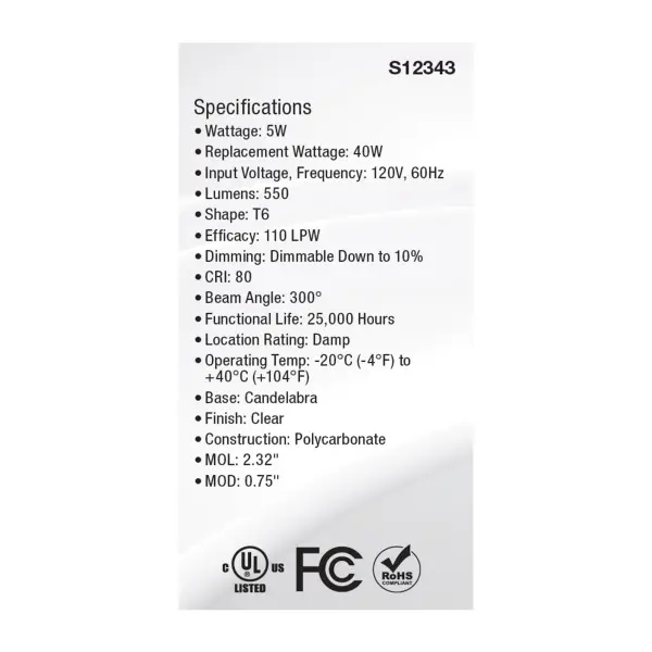 5 Watt T6 LED - Clear Finish - E12 Base - 5000K - 120 Volt - Image 5