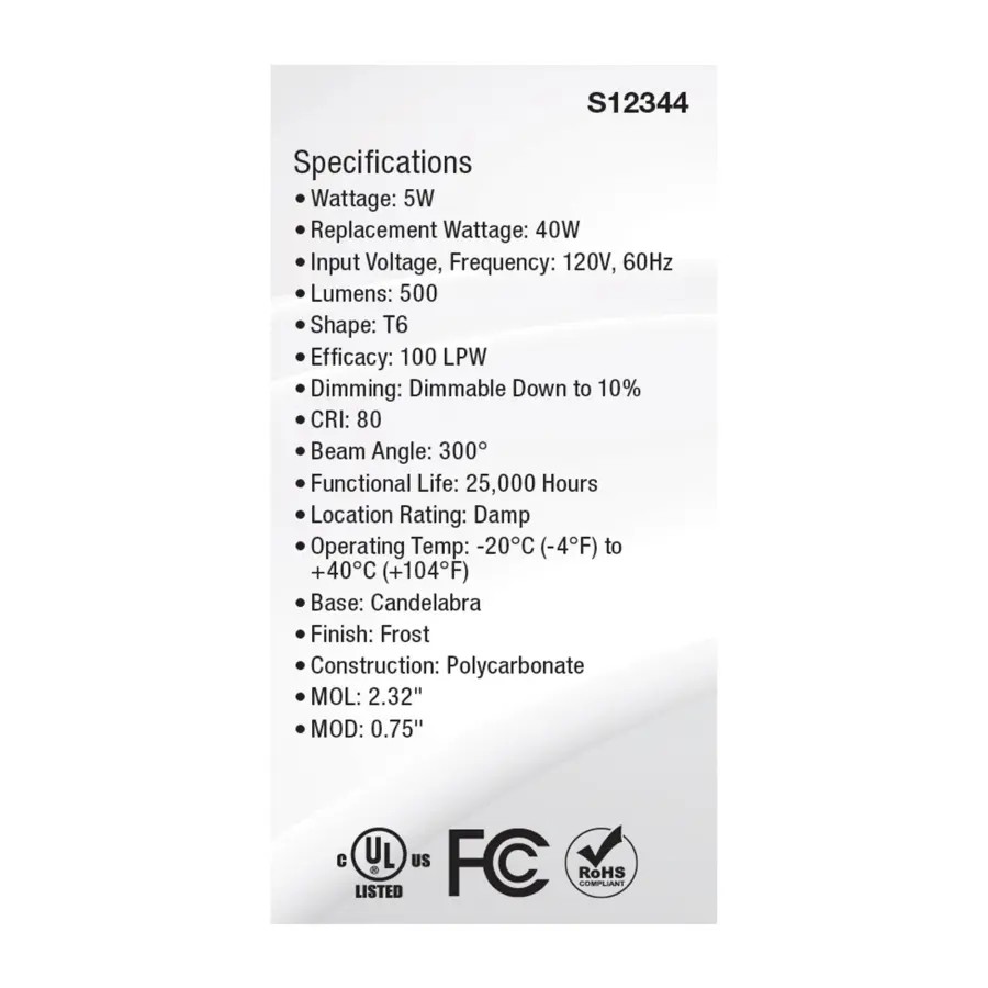 5 Watt T6 LED - Frost Finish - E12 Base - 3000K - 120 Volt - Image 5