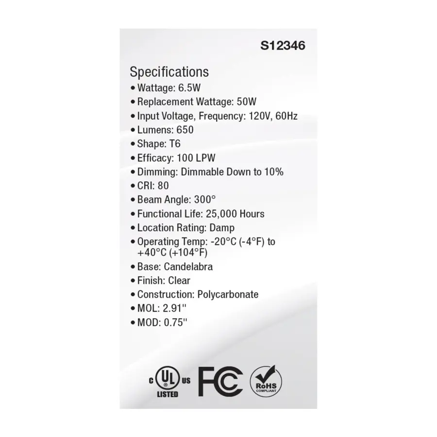 6.5 Watt T6 LED - Clear Finish - E12 Base - 3000K - 120 Volt - Image 5