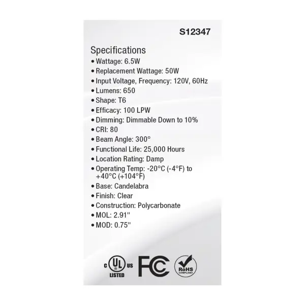 6.5 Watt T6 LED - Clear Finish - E12 Base - 5000K - 120 Volt - Image 5