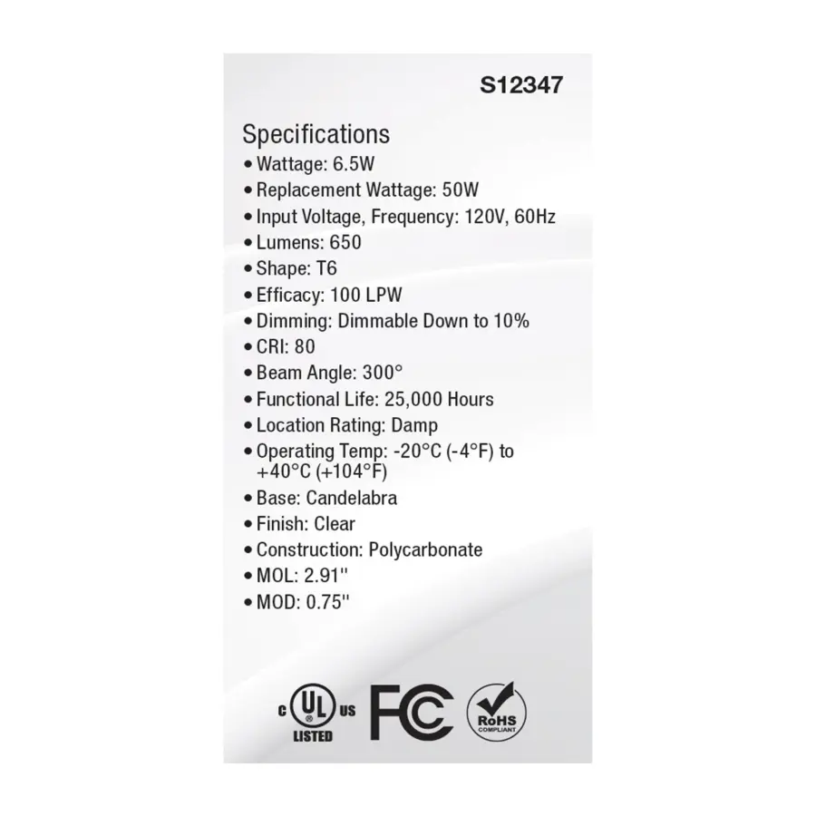 6.5 Watt T6 LED - Clear Finish - E12 Base - 5000K - 120 Volt - Image 5