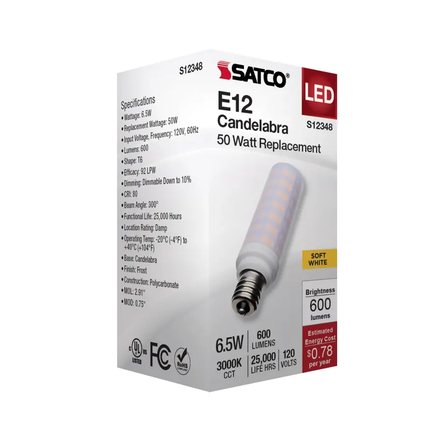 6.5 Watt T6 LED - Frost Finish - E12 Base - 3000K - 120 Volt - Image 7