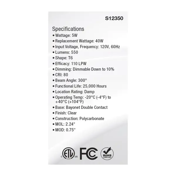 5 Watt T6 LED - Clear Finish - DC Base - 3000K - 120 Volt - Image 5