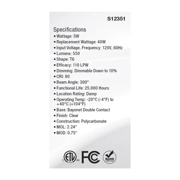 5 Watt T6 LED - Clear Finish - DC Base - 5000K - 120 Volt - Image 5