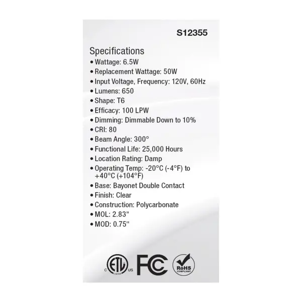 6.5 Watt T6 LED - Clear Finish - DC Base - 5000K - 120 Volt - Image 5