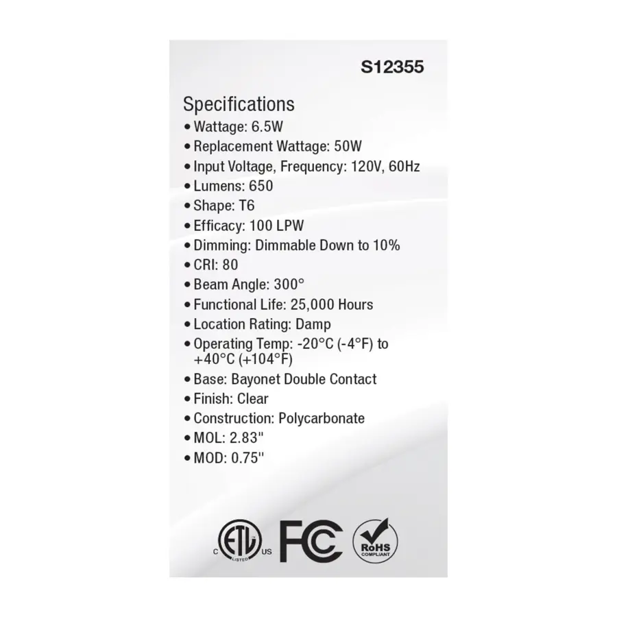 6.5 Watt T6 LED - Clear Finish - DC Base - 5000K - 120 Volt - Image 5