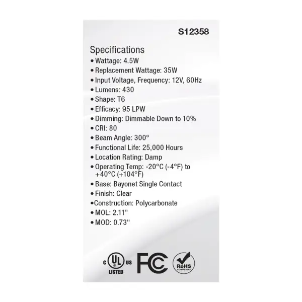 4.5 Watt T6 LED - Clear Finish - BA15s Base - 3000K - 12 Volt - Image 5