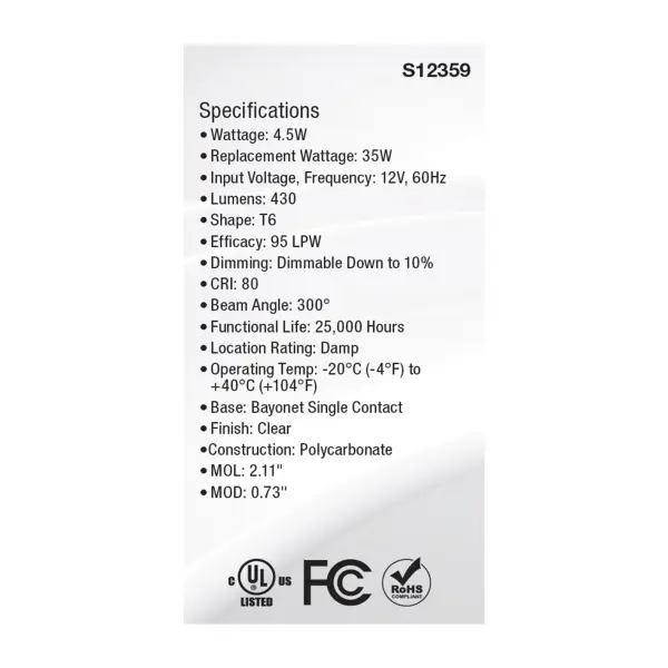 4.5 Watt T6 LED - Clear Finish - BA15s Base - 5000K - 12 Volt - Image 5