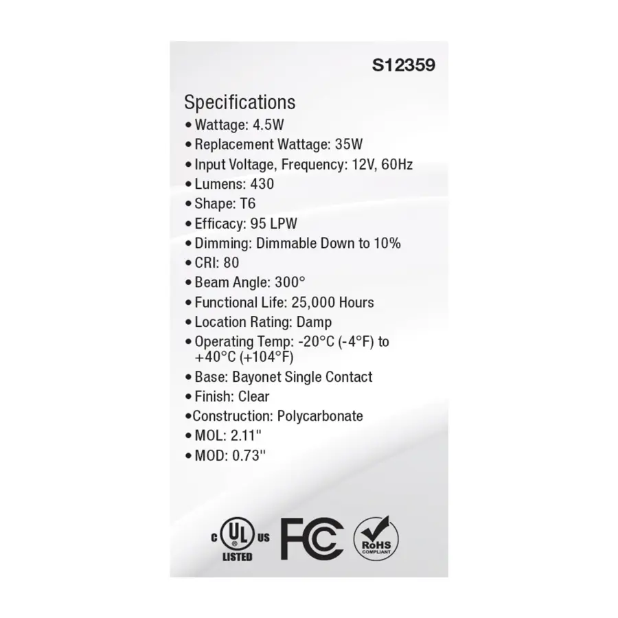 4.5 Watt T6 LED - Clear Finish - BA15s Base - 5000K - 12 Volt - Image 5