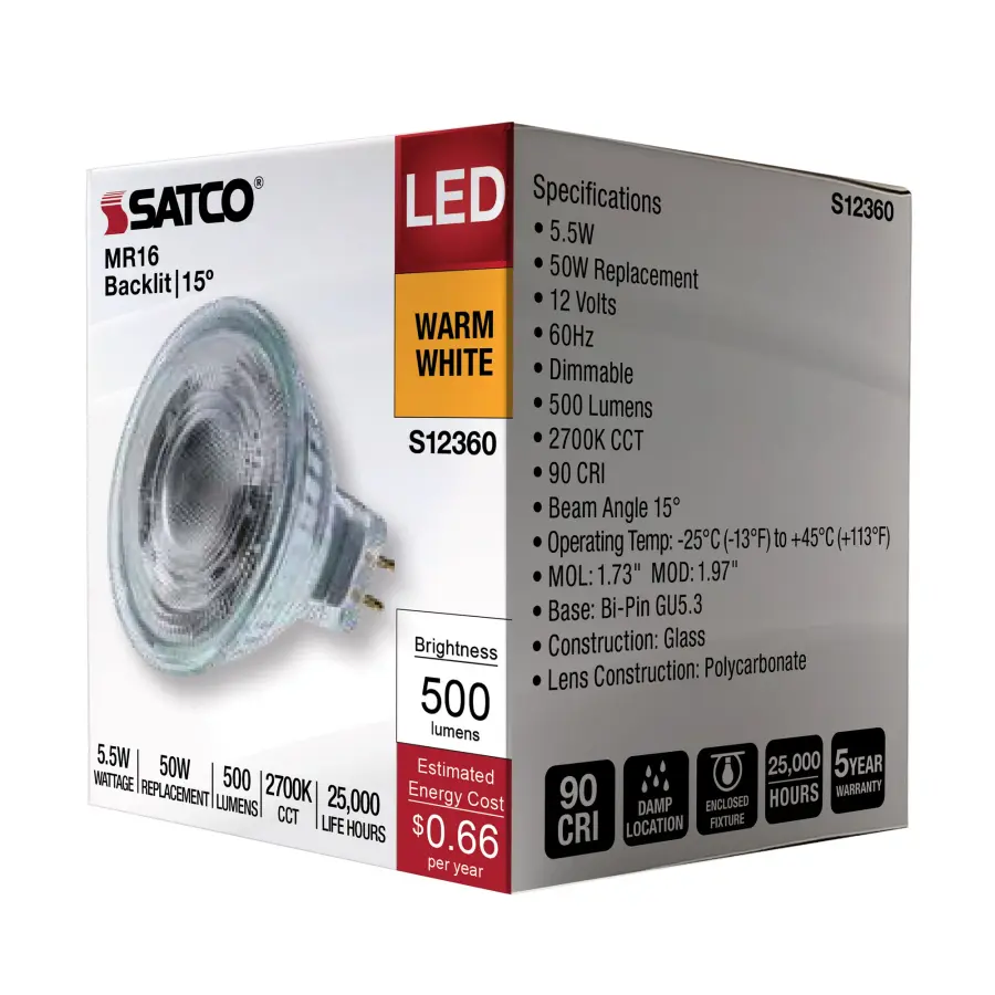 5.5 Watt MR16 LED Spotlight - 2700K CCT - GU5.3 Base - 12 Volt - Image 9