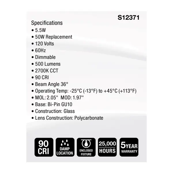 5.5 Watt MR16 LED Floodlight - 2700K CCT - GU10 Base - 120 Volt - Image 5