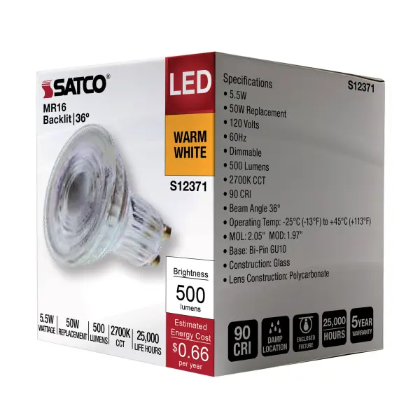 5.5 Watt MR16 LED Floodlight - 2700K CCT - GU10 Base - 120 Volt - Image 10