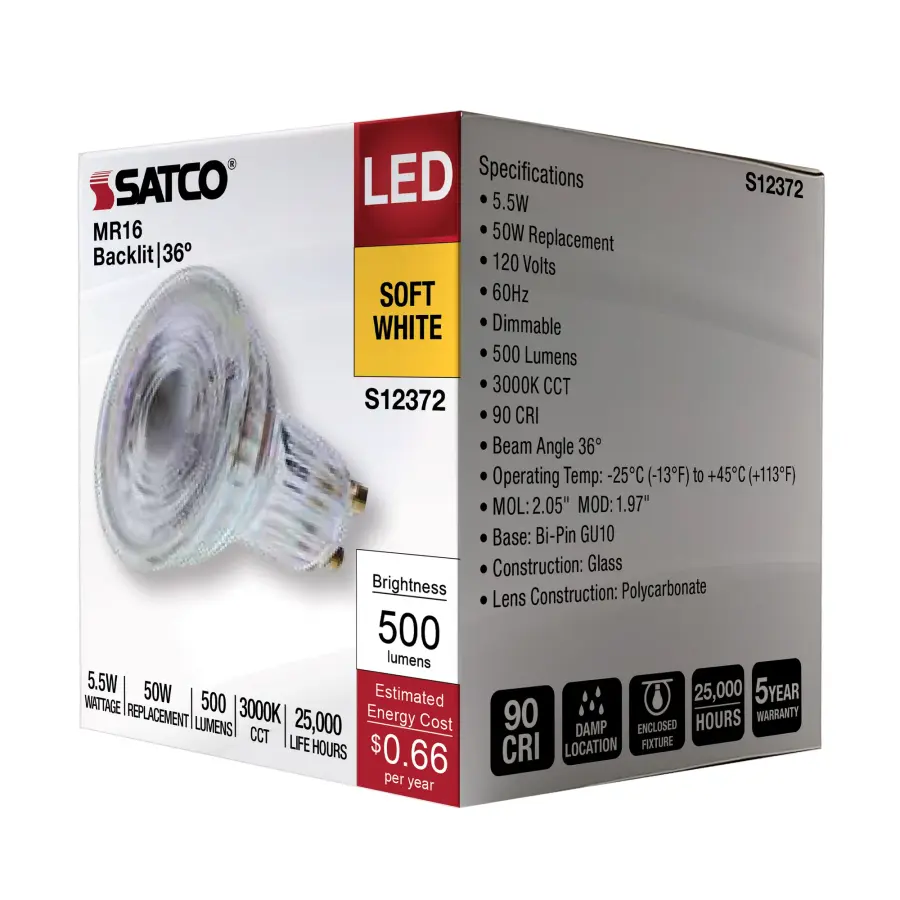 5.5 Watt MR16 LED Floodlight - 3000K CCT - GU10 Base - 120 Volt - Image 3