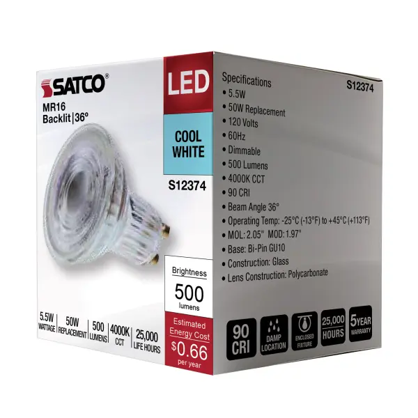 5.5 Watt MR16 LED Floodlight - 4000K CCT - GU10 Base - 120 Volt - Image 9