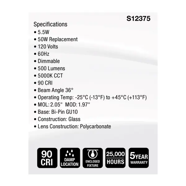 5.5 Watt MR16 LED Floodlight - 5000K CCT - GU10 Base - 120 Volt - Image 5