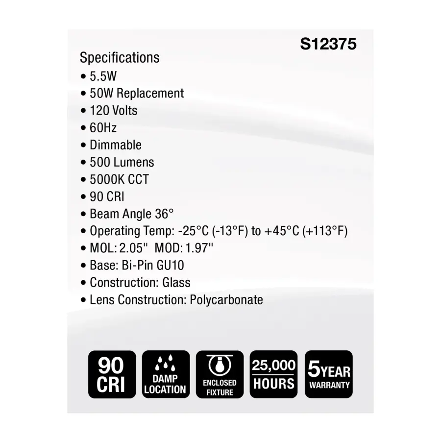 5.5 Watt MR16 LED Floodlight - 5000K CCT - GU10 Base - 120 Volt - Image 5