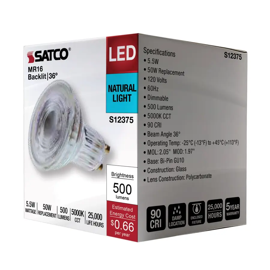 5.5 Watt MR16 LED Floodlight - 5000K CCT - GU10 Base - 120 Volt - Image 9