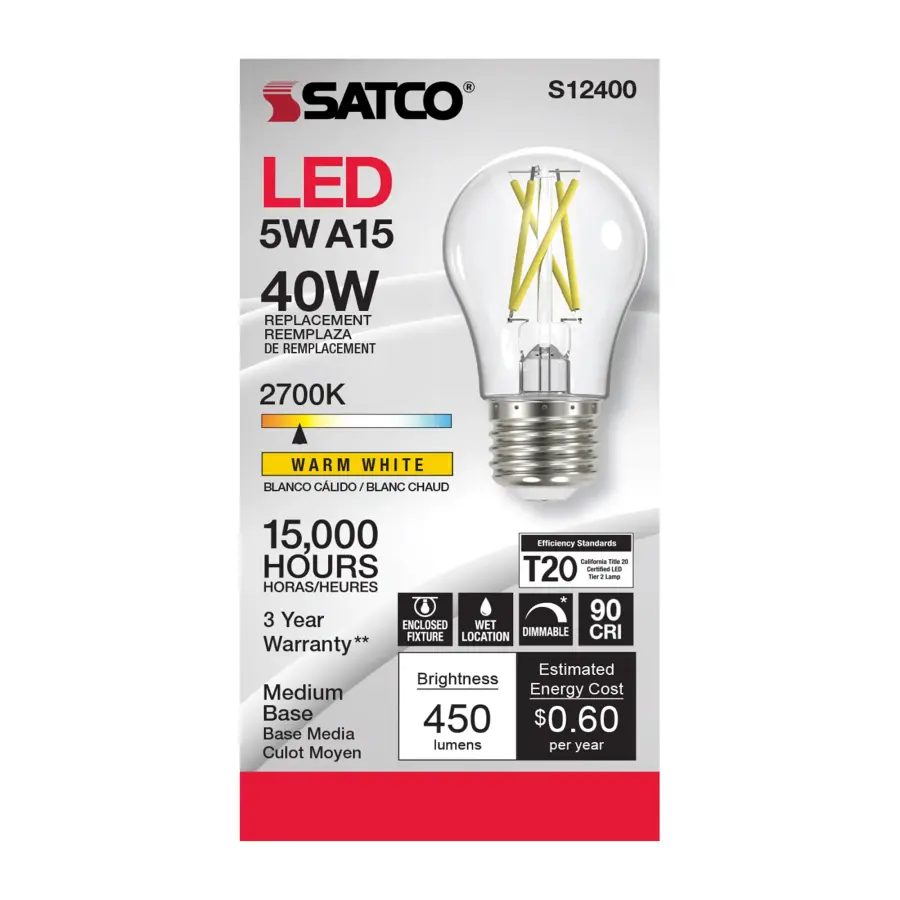 5 Watt A15 LED Filament - Clear - Medium Base - 2700K - 90 CRI - 120 Volt - Image 2