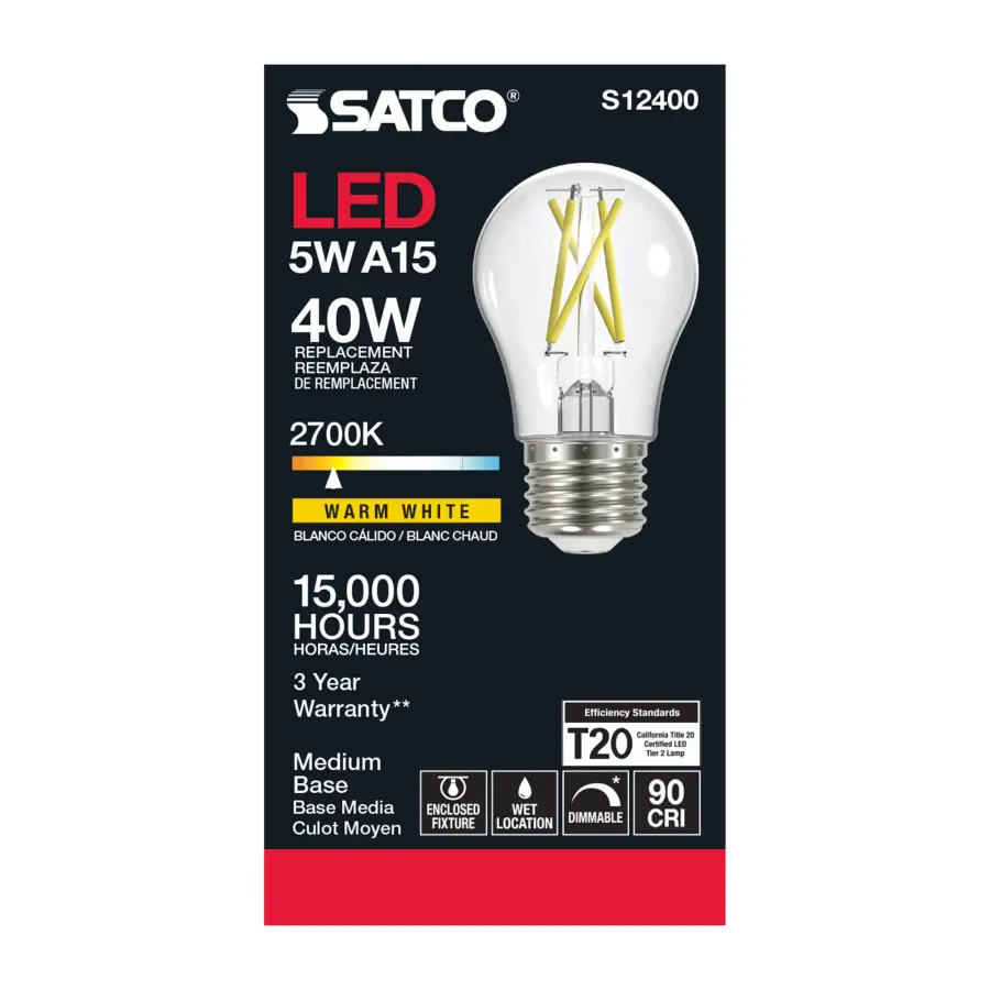 5 Watt A15 LED Filament - Clear - Medium Base - 2700K - 90 CRI - 120 Volt - Image 3