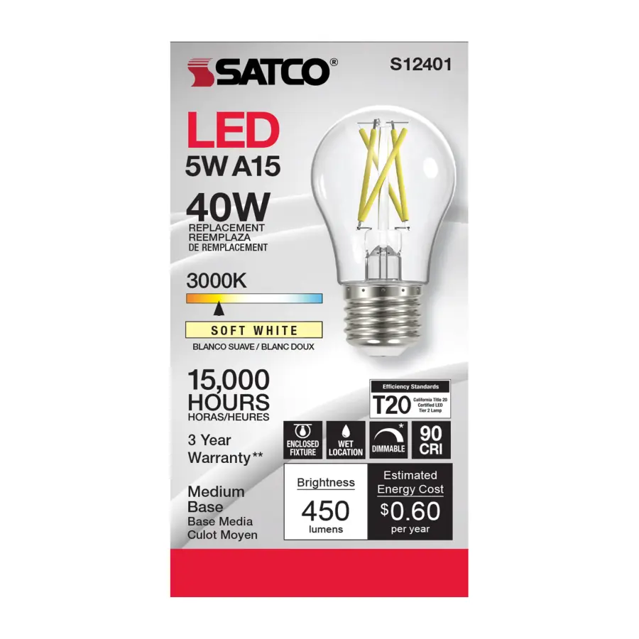5 Watt A15 LED Filament - Clear - Medium Base - 3000K - 90 CRI - 120 Volt - Image 2