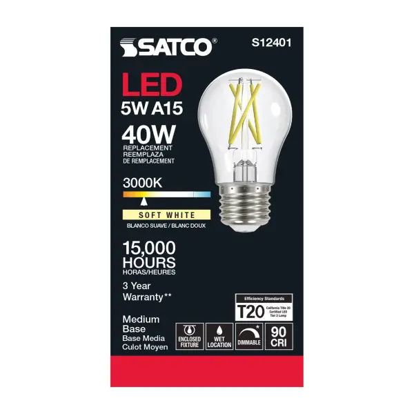 5 Watt A15 LED Filament - Clear - Medium Base - 3000K - 90 CRI - 120 Volt - Image 3