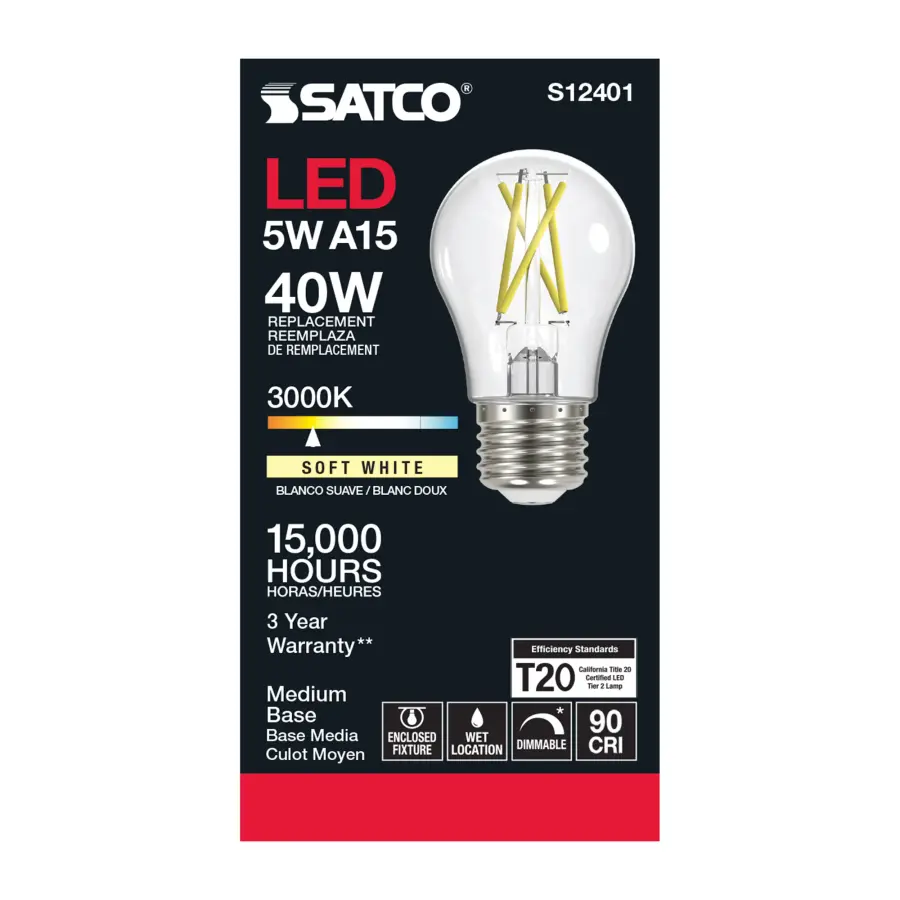 5 Watt A15 LED Filament - Clear - Medium Base - 3000K - 90 CRI - 120 Volt - Image 3