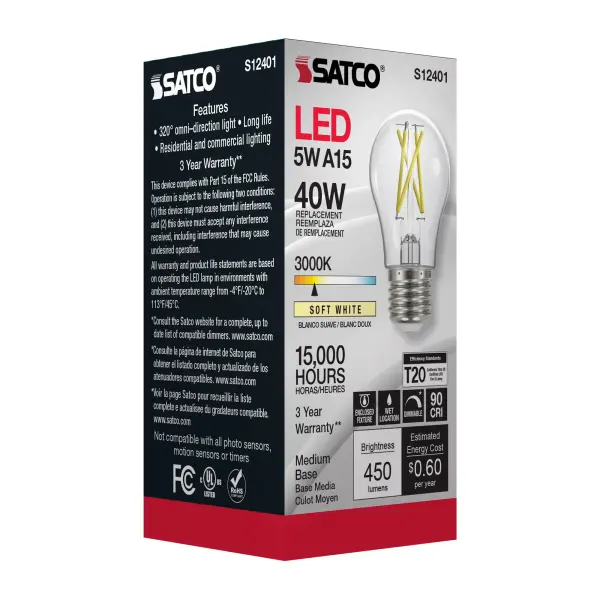 5 Watt A15 LED Filament - Clear - Medium Base - 3000K - 90 CRI - 120 Volt - Image 9