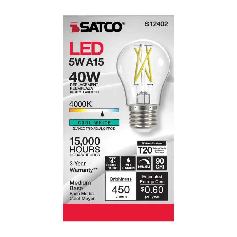 5 Watt A15 LED Filament - Clear - Medium Base - 4000K - 90 CRI - 120 Volt - Image 2