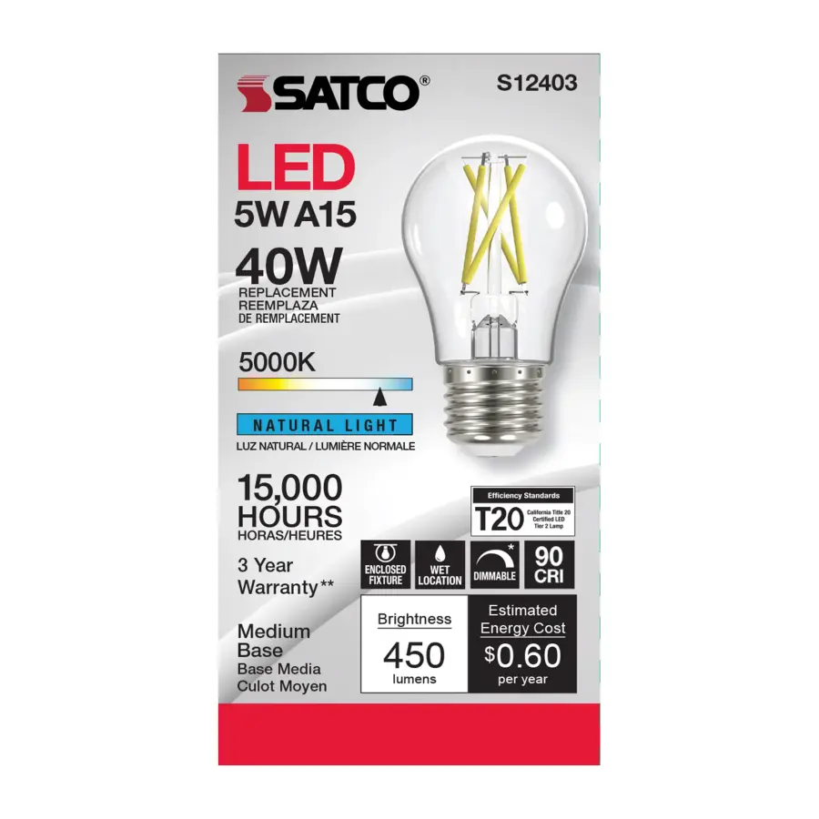 5 Watt A15 LED Filament - Clear - Medium Base - 5000K - 90 CRI - 120 Volt - Image 2