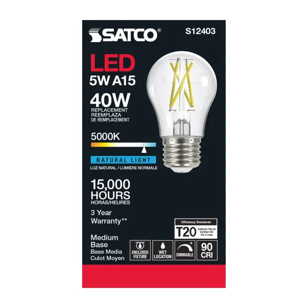 5 Watt A15 LED Filament - Clear - Medium Base - 5000K - 90 CRI - 120 Volt - Image 3