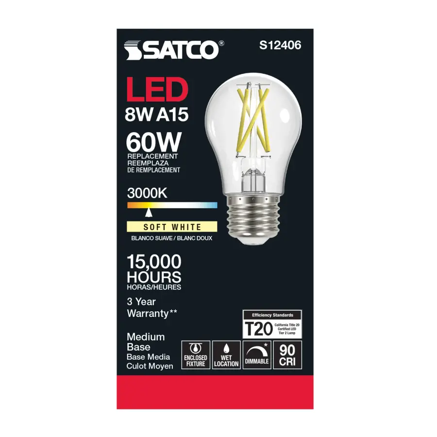8.2 Watt A15 LED Filament - Clear - Medium Base - 3000K - 90 CRI - 120 Volt - Image 3