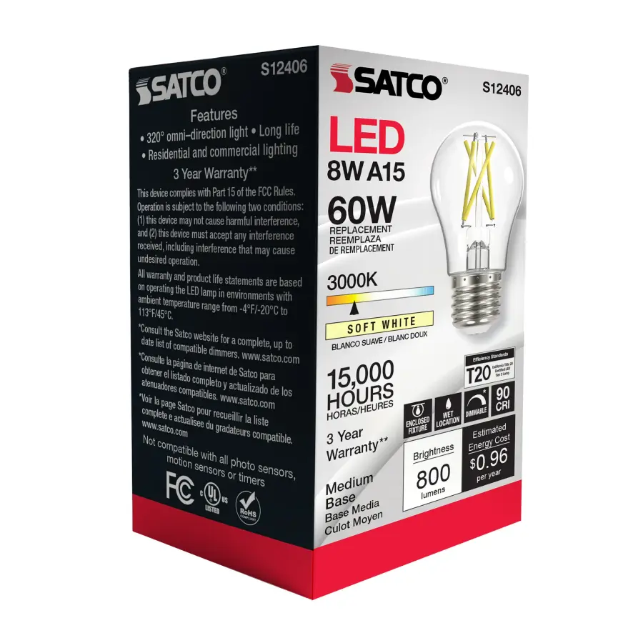 8.2 Watt A15 LED Filament - Clear - Medium Base - 3000K - 90 CRI - 120 Volt - Image 9