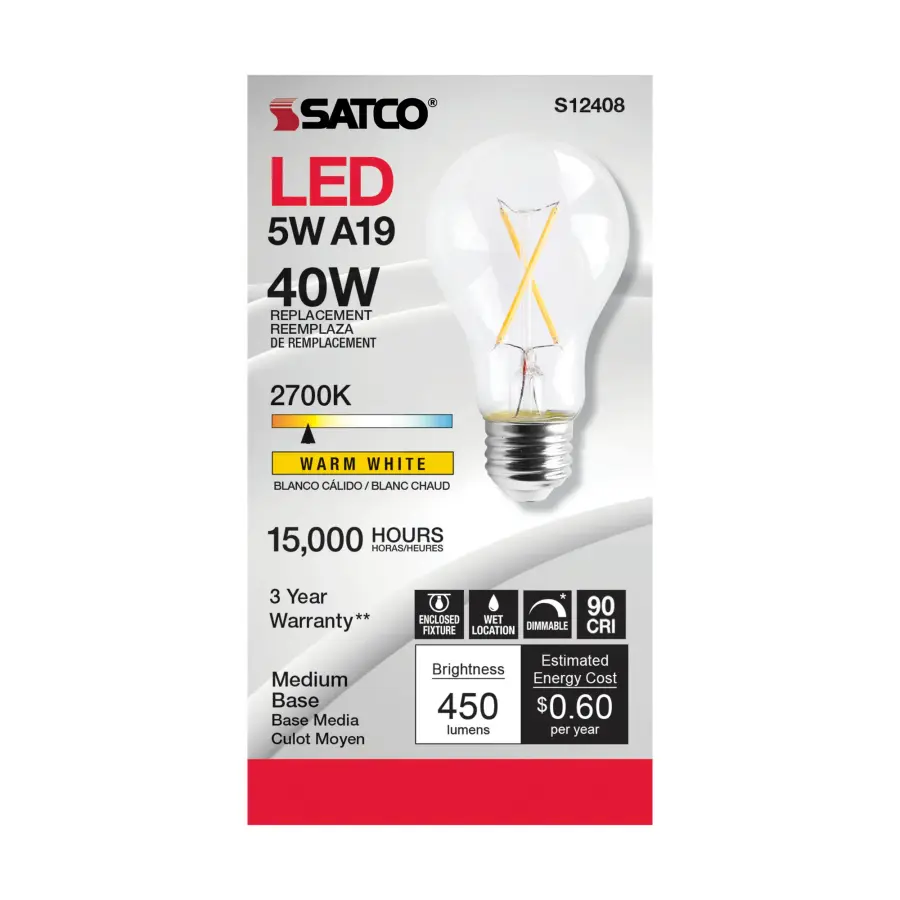 5 Watt A19 LED Filament - Clear - Medium Base - 2700K - 90 CRI - 120 Volt - Image 2