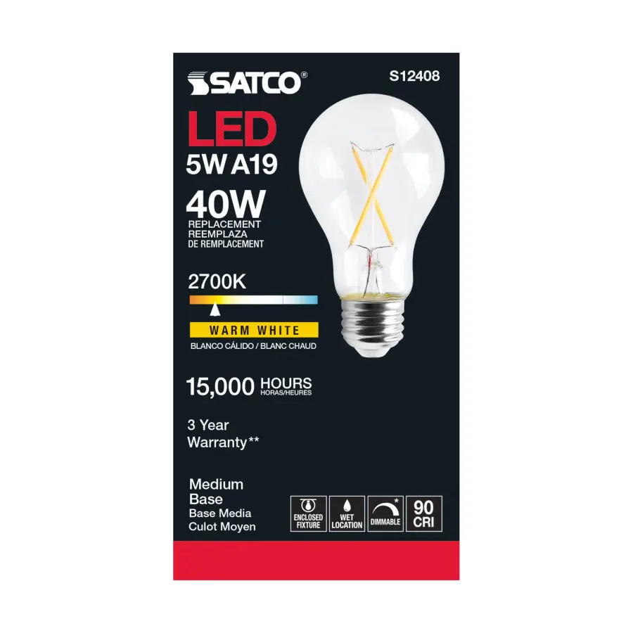 5 Watt A19 LED Filament - Clear - Medium Base - 2700K - 90 CRI - 120 Volt - Image 3